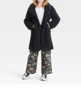 Art Class Girls Black Faux Fur Long Coat Jacket with Collar and Button M or L